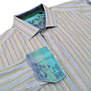ROBERT GRAHAM Flip Cuff Shirt Mens L (estimated) Blue Stripes Mini Pleats READ